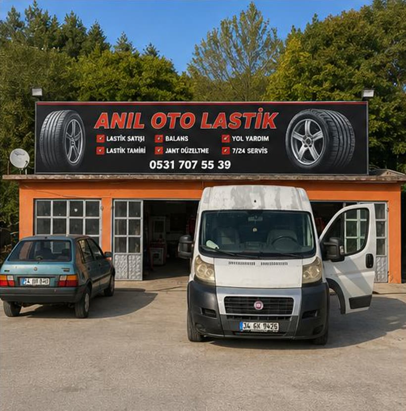 İş yeri cephesinin geniş açı görünümü; tabeladaki lastik satışı, lastik tamiri, balans, jant düzeltme ve yol yardım yazıları okunuyor